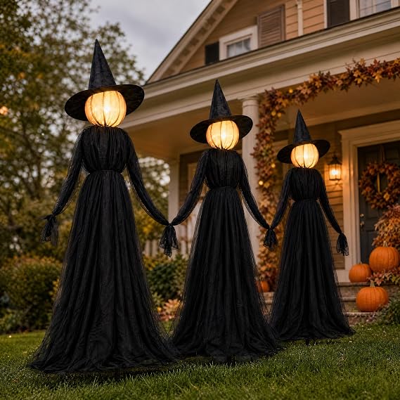 Hourleey 3-Pack 5-Foot Lighted Halloween Witch Stakes