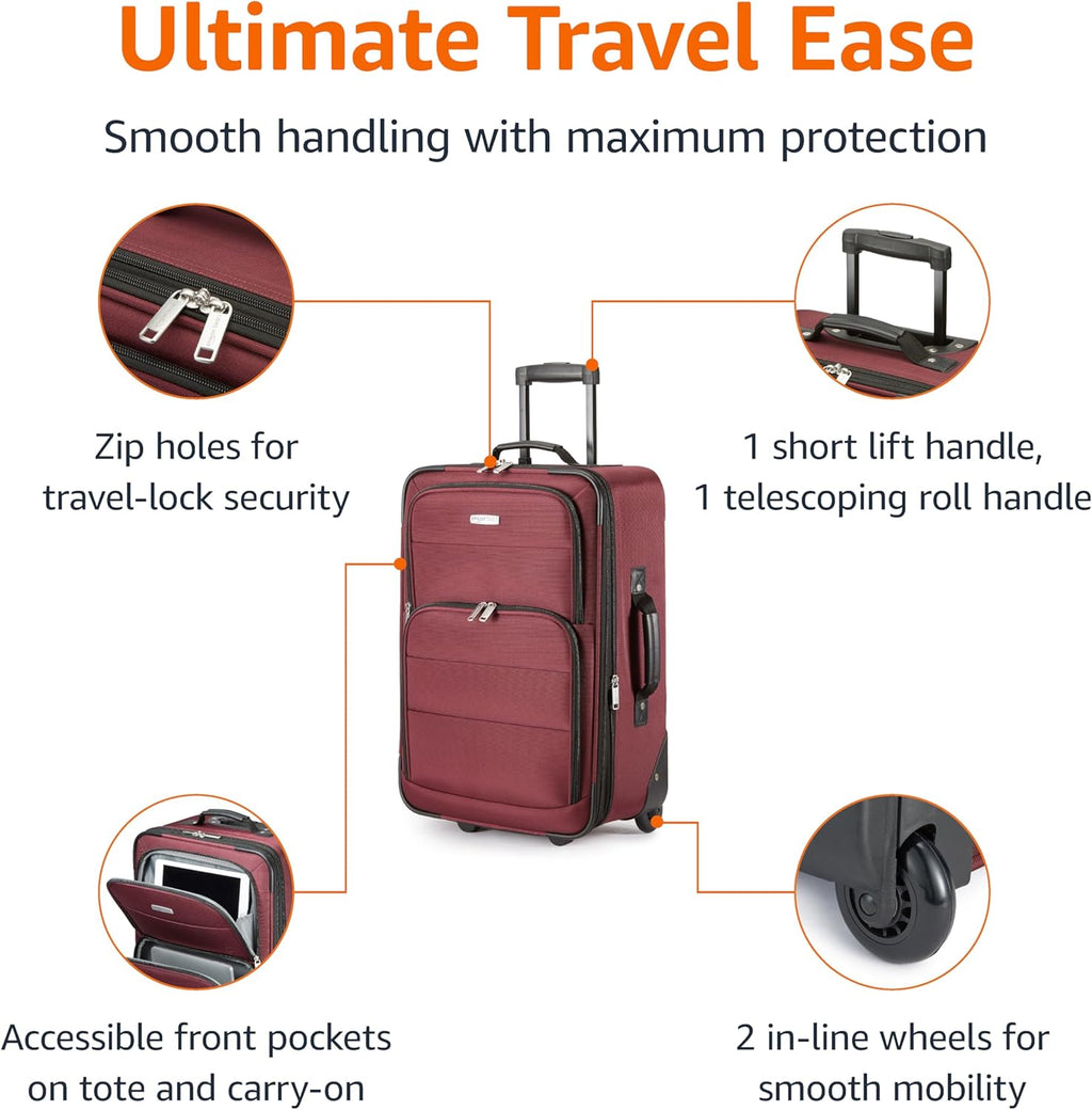 Amazon Basics NB23134-RD Softside Luggage Set – Carry-On 23-Inch, tote 15-Inch, Burgundy – product detail