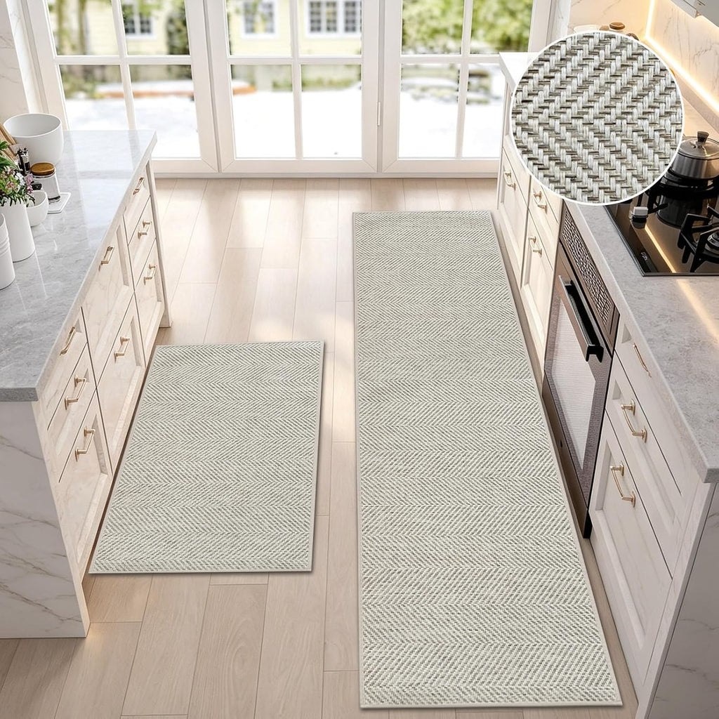 HDFK Herringbone Kitchen Rug Set, Beige, 2 Pieces