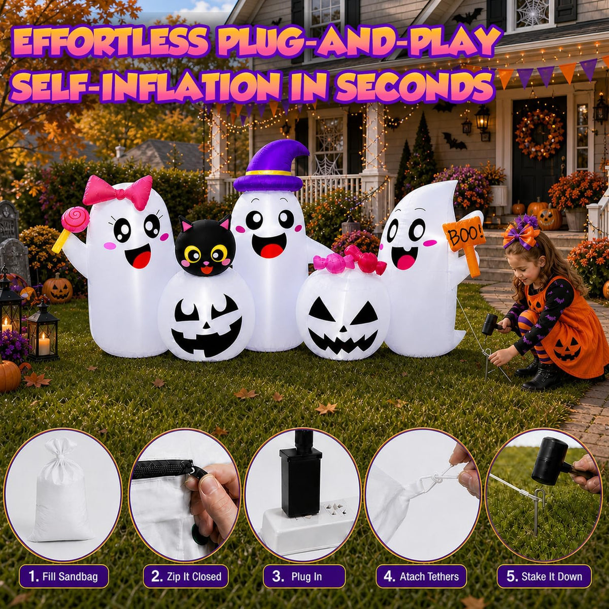 fotako QM-WS-030 8-Foot Halloween Ghost & Pumpkin Inflatable – Color Changing – product detail