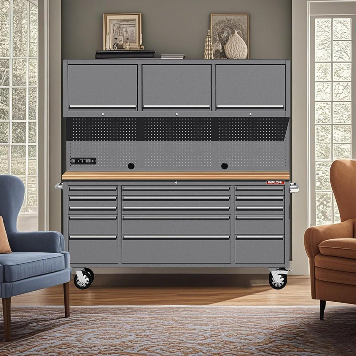 HAUTMEC HT0428-TC 72-Inch Rolling Workbench with 15 Drawers and Upper Cabinets – Gray – product detail