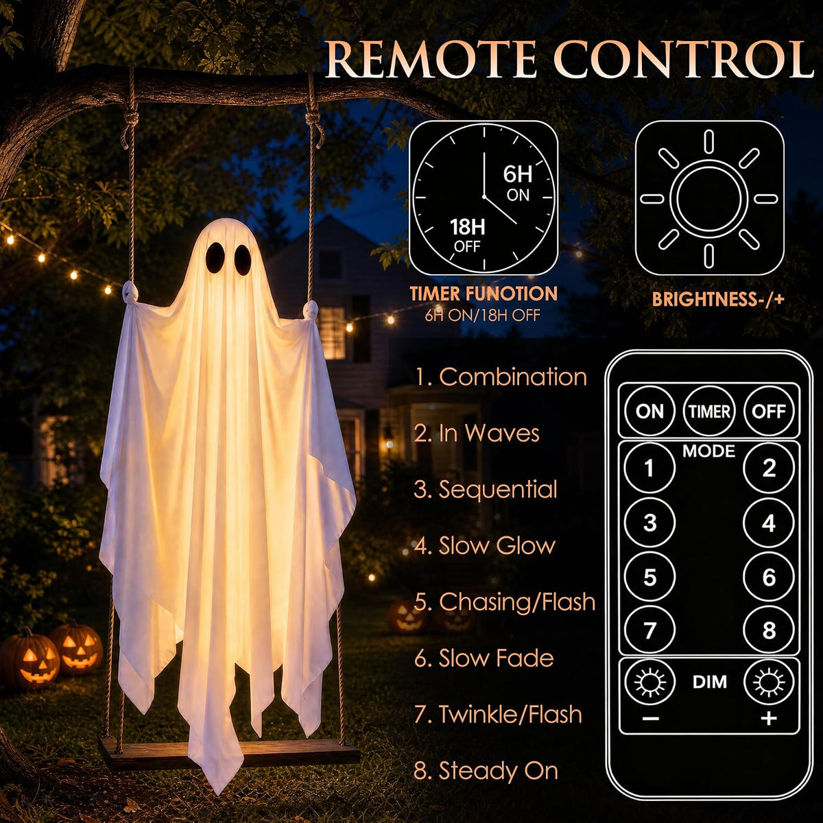JOROMIT 01 Lighted Hanging Halloween Ghost Swing Decoration – White – product detail