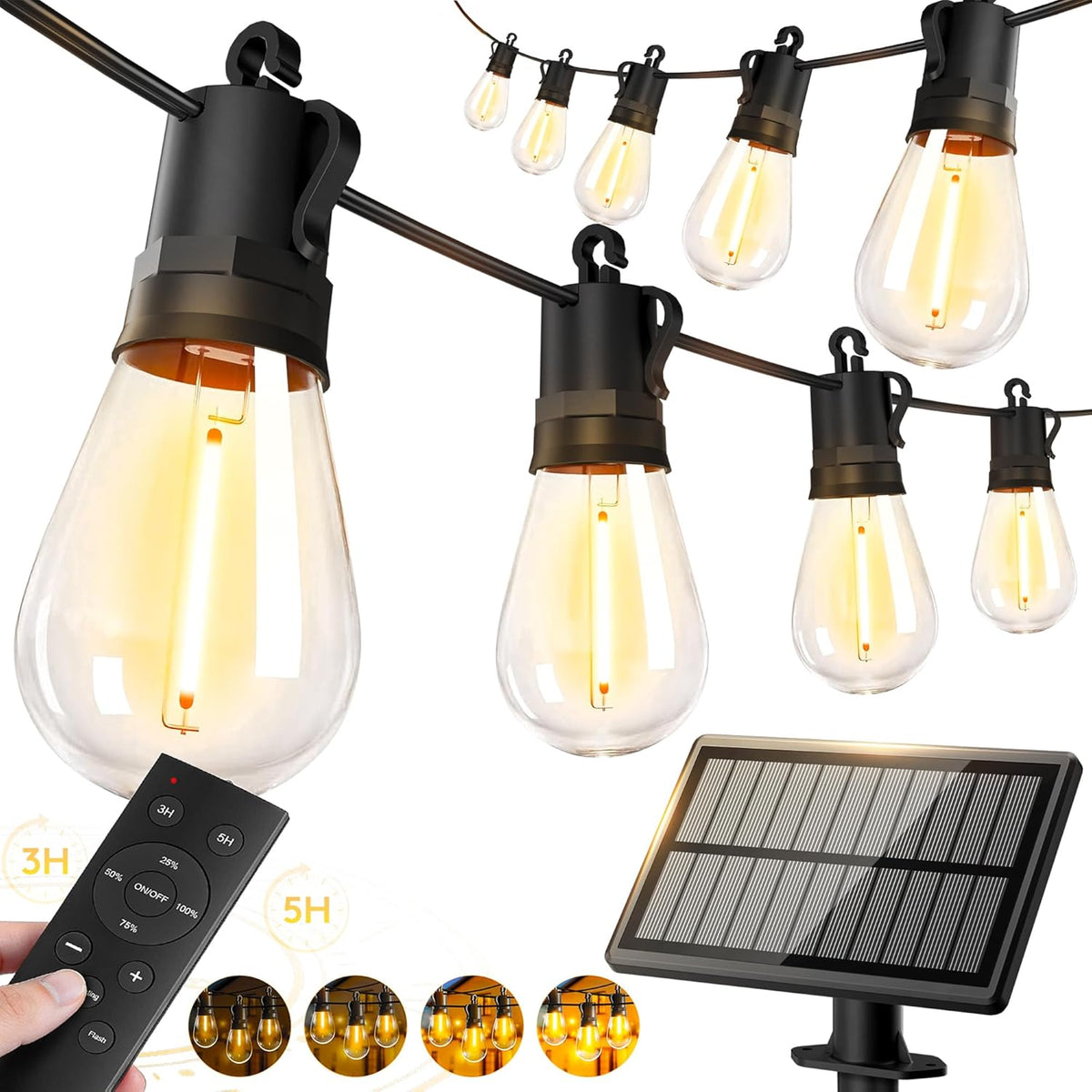 VGUXG Solar Patio String Lights, 50 ft, 15 Sockets