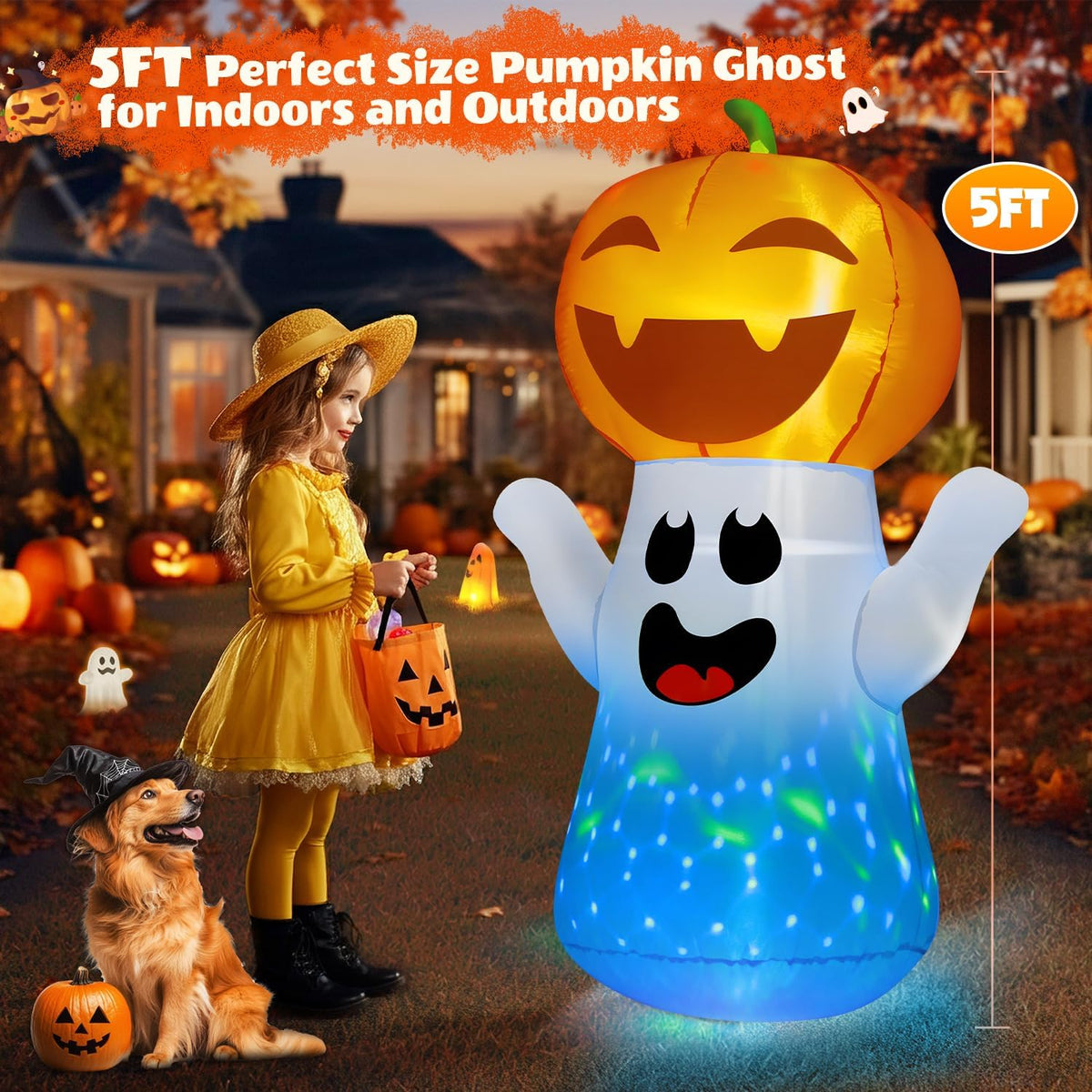 zukakii QM-WS-019 5-Foot Halloween Pumpkin & Ghost Inflatable – White – product detail