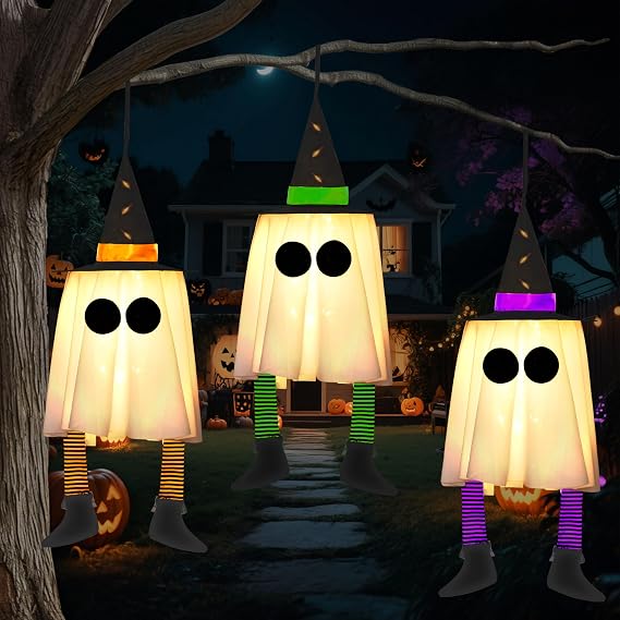 JOYIN 17593 3-Pack 23.6-Inch Lighted Hanging Ghosts with Witch Hats – Warm white light with colorful hat