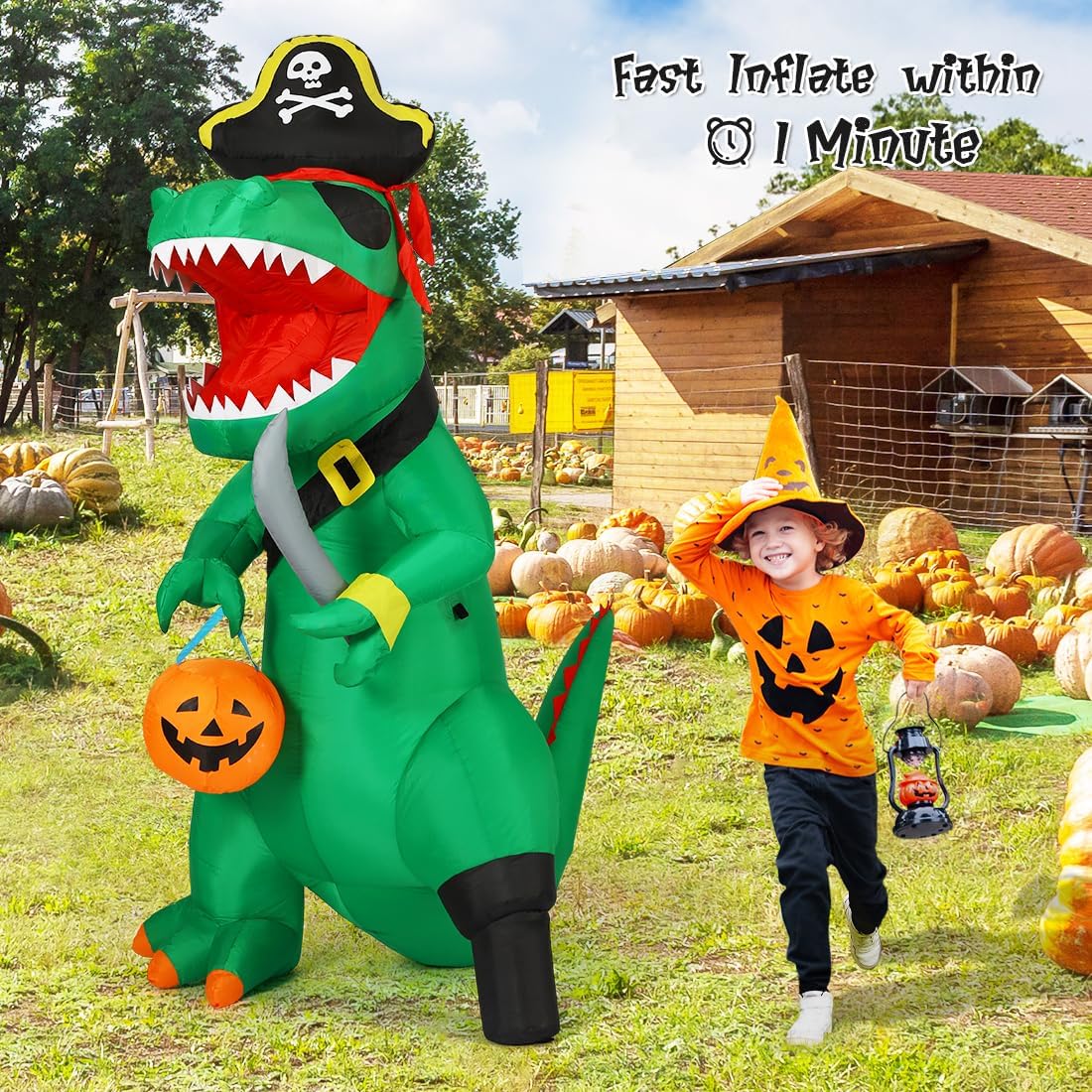 GOOSH 7-Foot Halloween Pirate Dinosaur & Pumpkin Inflatable – Green – product detail