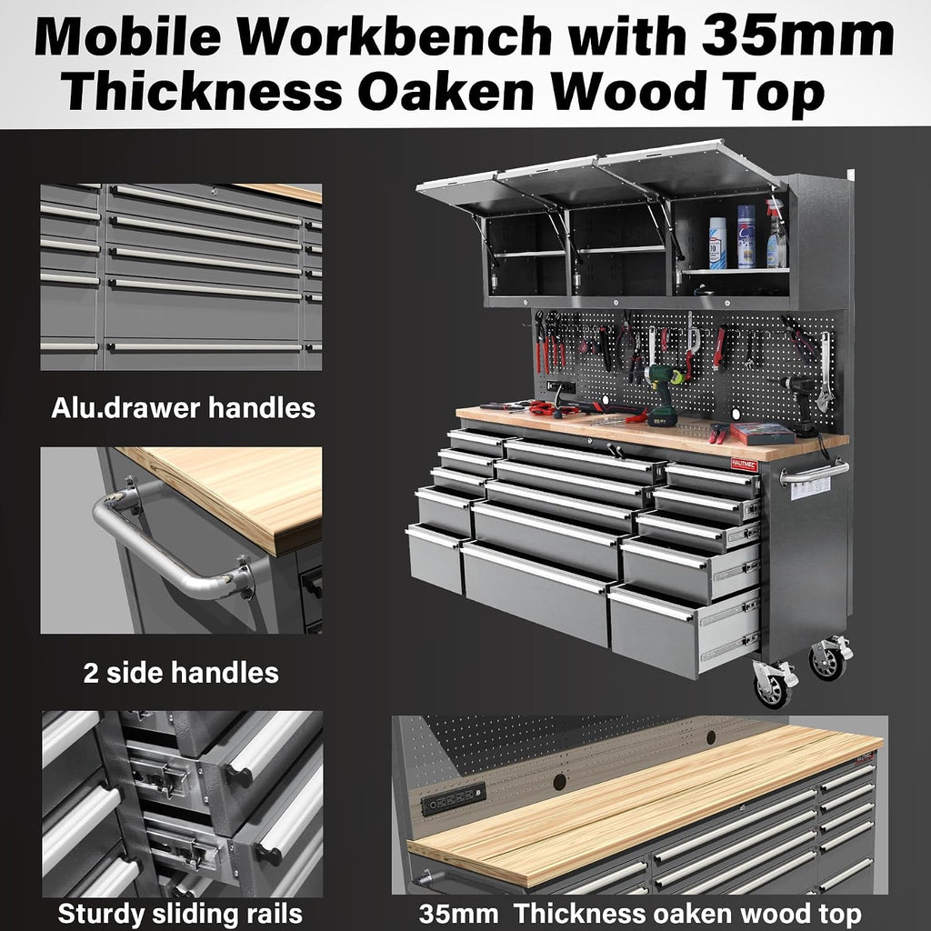 HAUTMEC HT0428-TC 72-Inch Rolling Workbench with 15 Drawers and Upper Cabinets – Gray – product detail