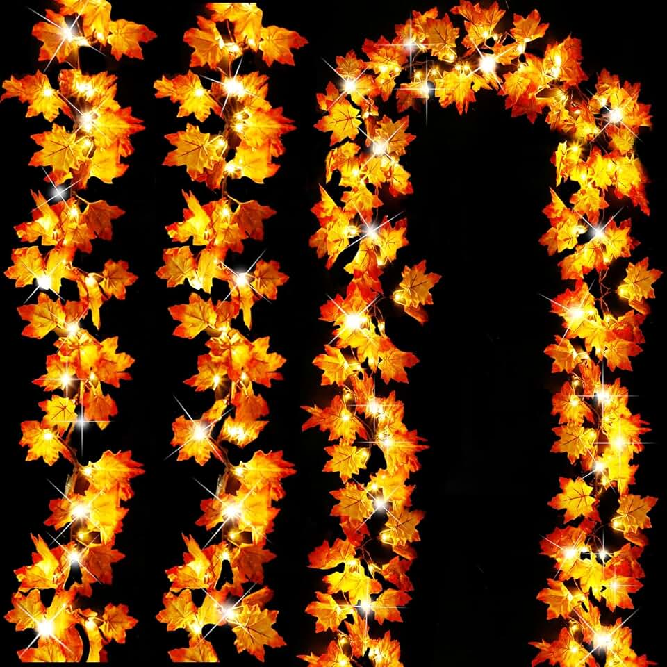 TURNMEON 3-Pack 30-Foot 60-LED Maple Leaf Garland – 30FT-Maple garland, Orange&yellow