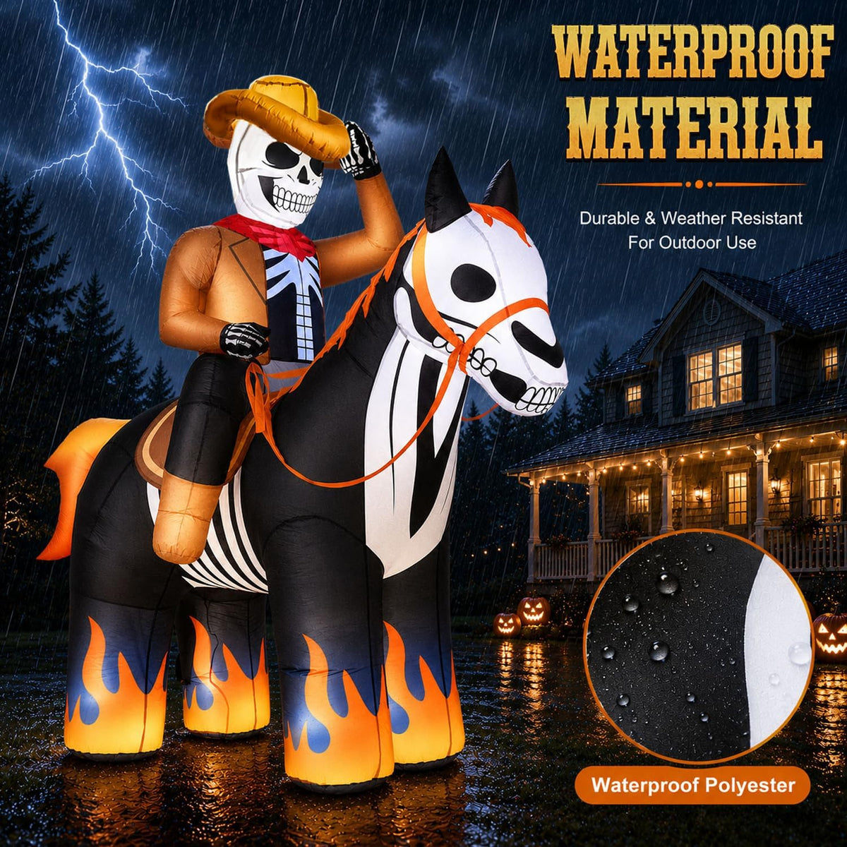 zukakii QM-WS-041 7-Foot Halloween Skeleton Cowboy & Horse Inflatable – Black – product detail