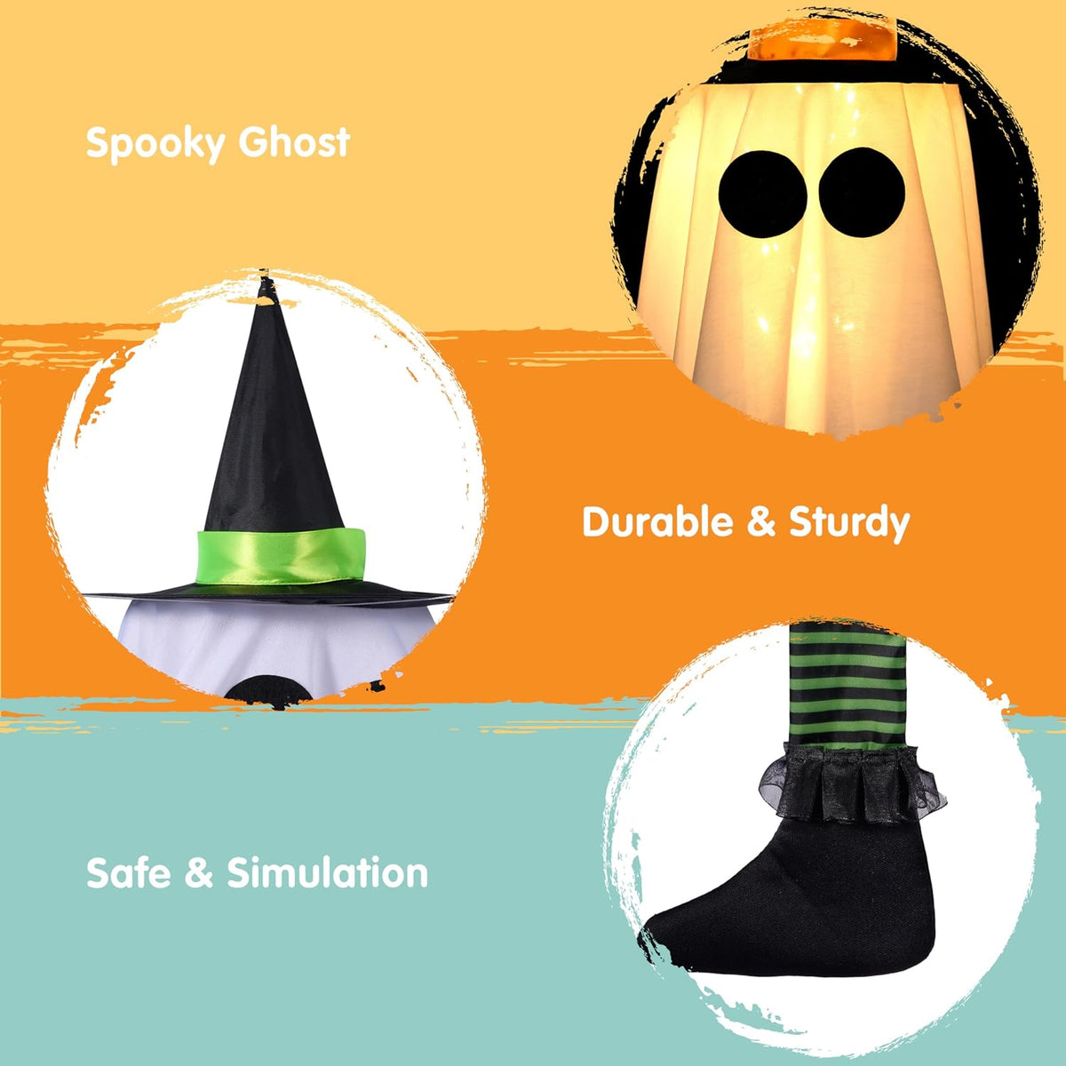 JOYIN 17593 3-Pack 23.6-Inch Lighted Hanging Ghosts with Witch Hats – Warm white light with colorful hat – product detail