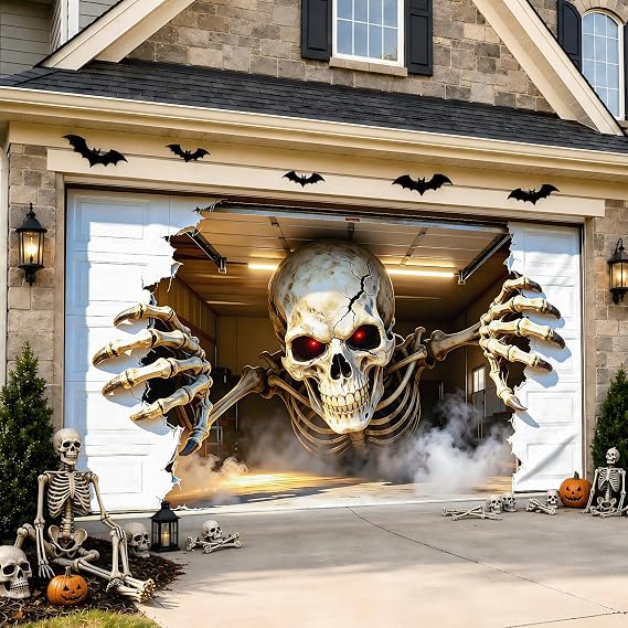 Allotall 001 16-by-7-Foot Halloween Skeleton Garage Door Banner – 16 × 7 ft