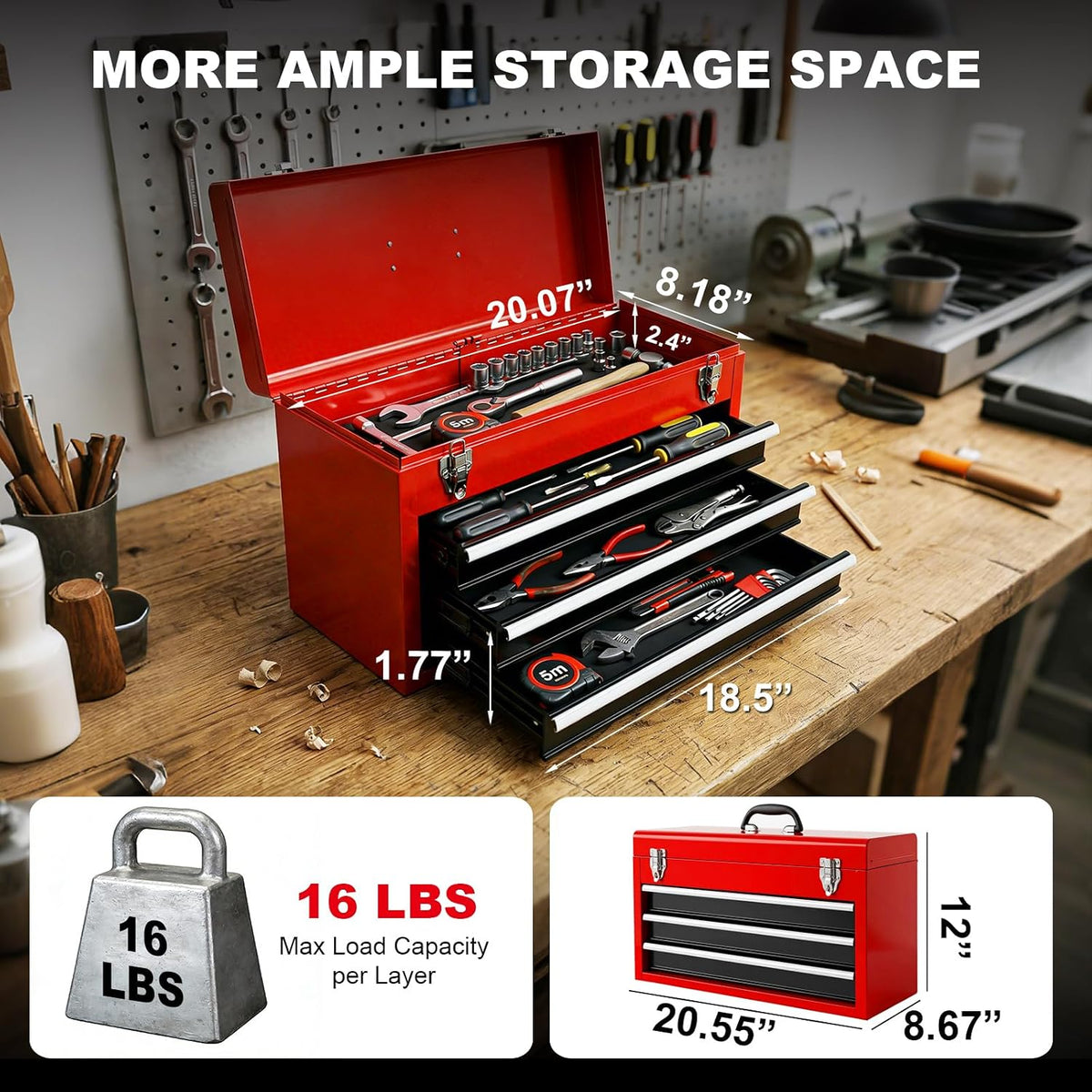 BIG RED ANTBD133-RBR 20.5-Inch 3-Drawer Steel Tool Box – 20.5 in, Black/Red – Black/Red / 20.5 in – product detail