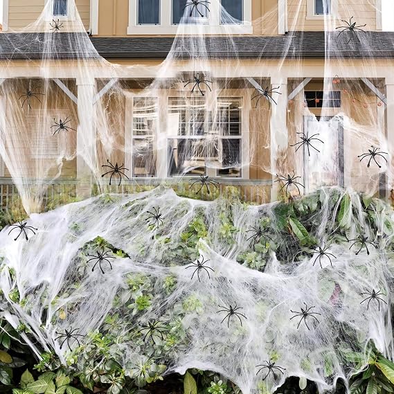 ZPISF MAX-002 Stretchable Halloween Spider Web with 150 Decorative Spiders – Extra Large, White