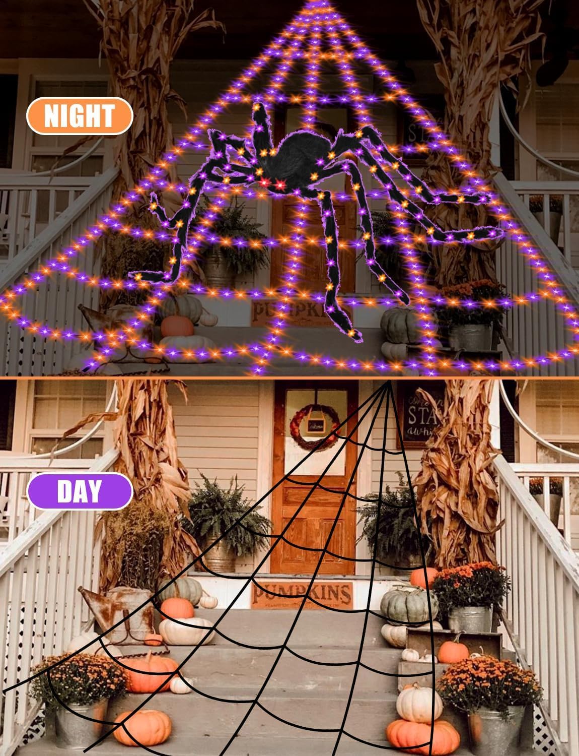 VITI HYT-0451400 550-LED Halloween Spider Web Lights with Spider – Purple Orange – product detail