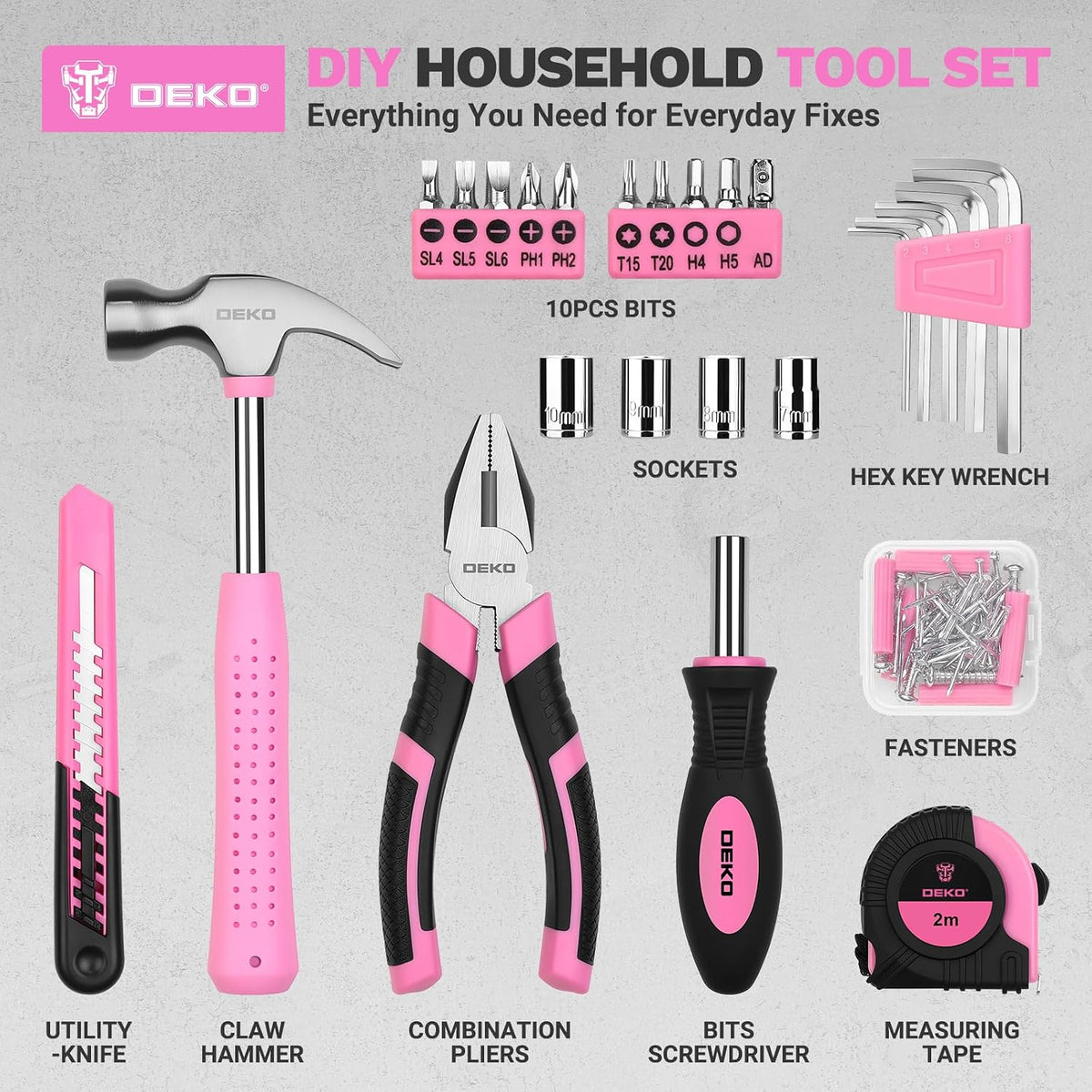 DEKOPRO 94-Piece Household Hand Tool Kit – Pink – product detail