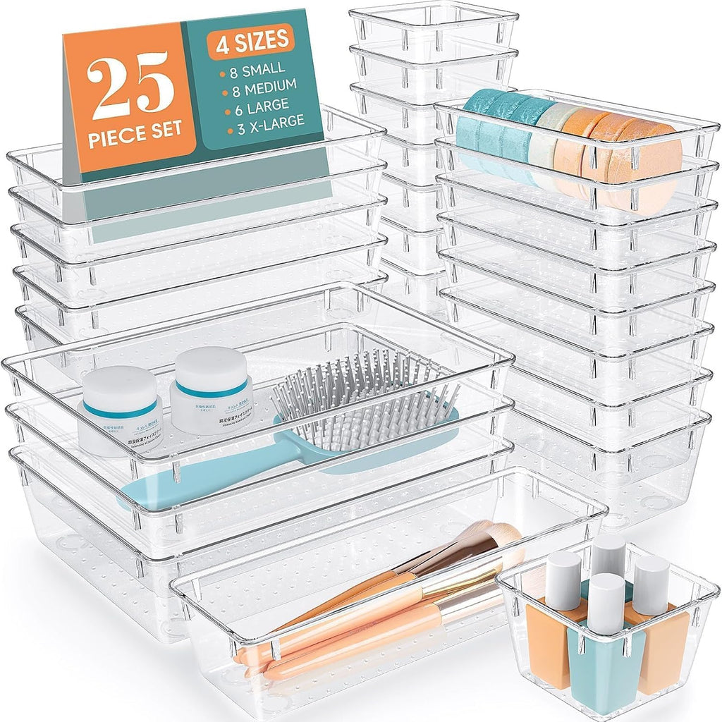 WOWBOX Clear Drawer Organizer Trays, 25-Pack