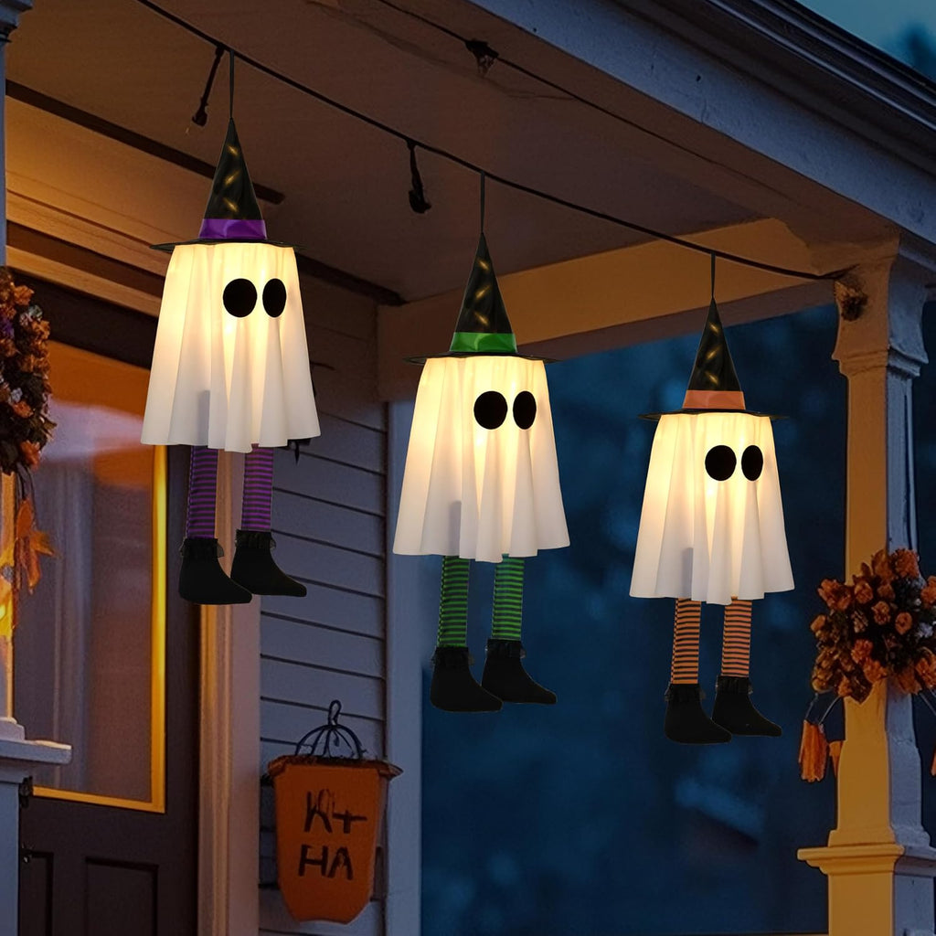JOYIN 17593 3-Pack 23.6-Inch Lighted Hanging Ghosts with Witch Hats – Warm white light with colorful hat – product detail