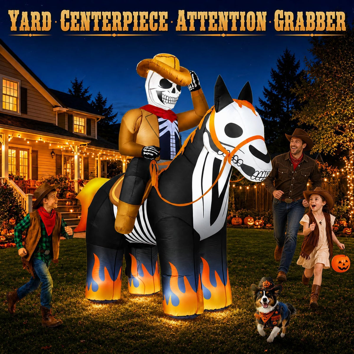 zukakii QM-WS-041 7-Foot Halloween Skeleton Cowboy & Horse Inflatable – Black – product detail
