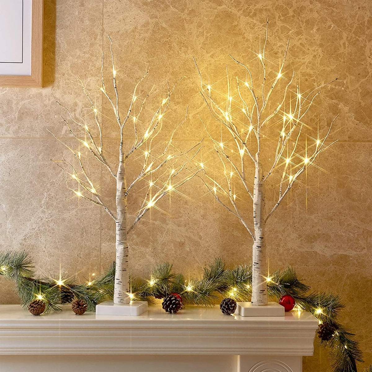 PEIDUO Lighted Birch-Style Tabletop Trees, 2 ft, Set of 2