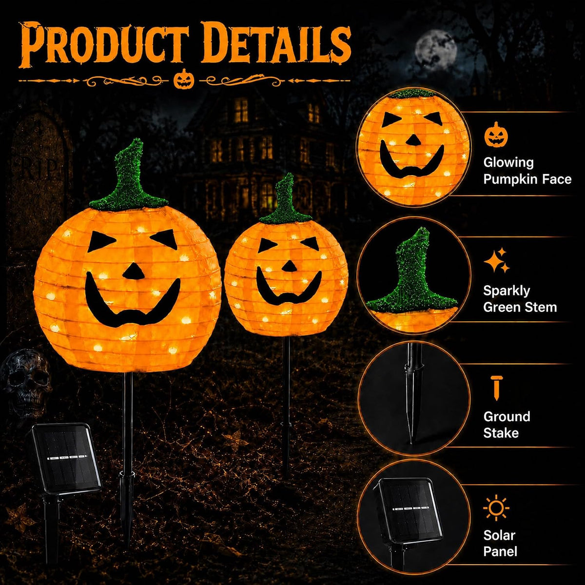 DAYLIGHTIR 2-Pack Solar Pumpkin Stake Lights – Orange – product detail