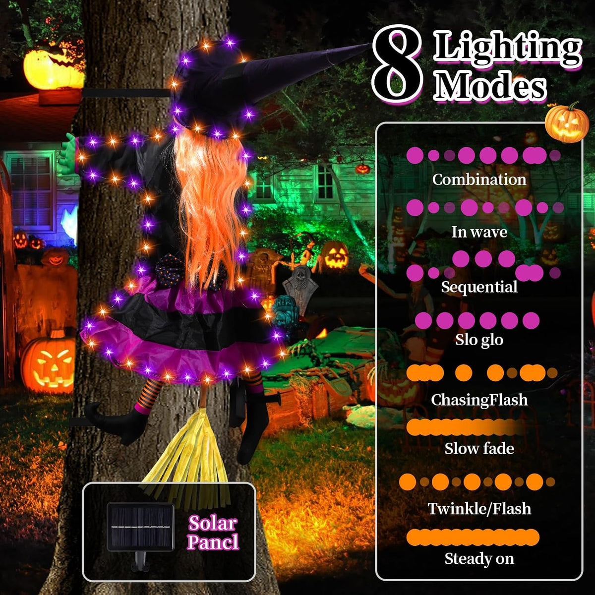ILLUMINEW 001 Solar-Lighted Halloween Crashing Witch Decoration – Orange Purple – product detail