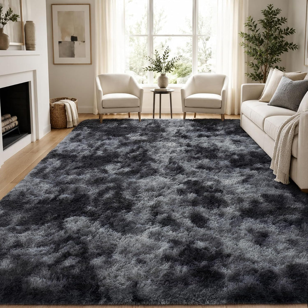 PLHXFR Shag Area Rug, Tie-Dyed Dark Grey, 8 x 10 ft