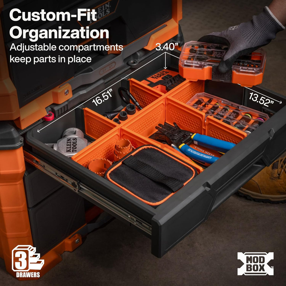 KLEIN TOOLS 54890MB MODbox 3-Drawer Rolling Tool Box – Three Drawer Rolling Toolbox, Orange – Three Drawer Rolling Toolbox / Orange – product detail