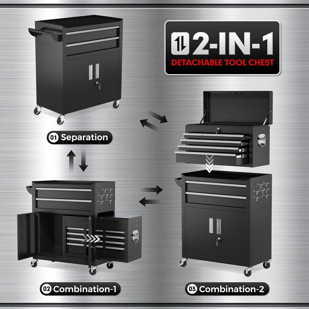 INTERGREAT 8-Drawer Rolling Tool Chest with Detachable Top – 8 Drawers, Black – Black / 8 Drawers – product detail
