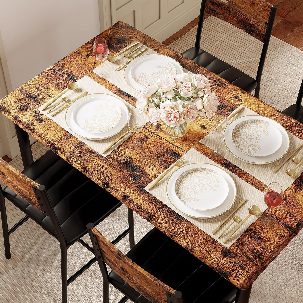 IRONCK Five-Piece Dining Set with Four Chairs, Rustic Brown