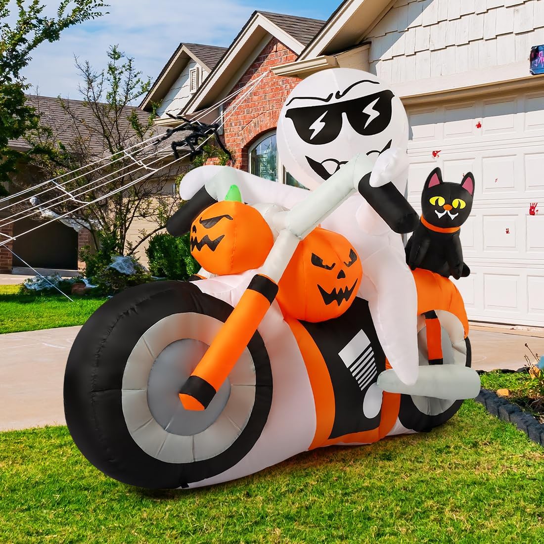 COMIN CO-69305 6-Foot Halloween Ghost, Pumpkin & Cat Motorcycle Inflatable – White,Orange,Black – product detail