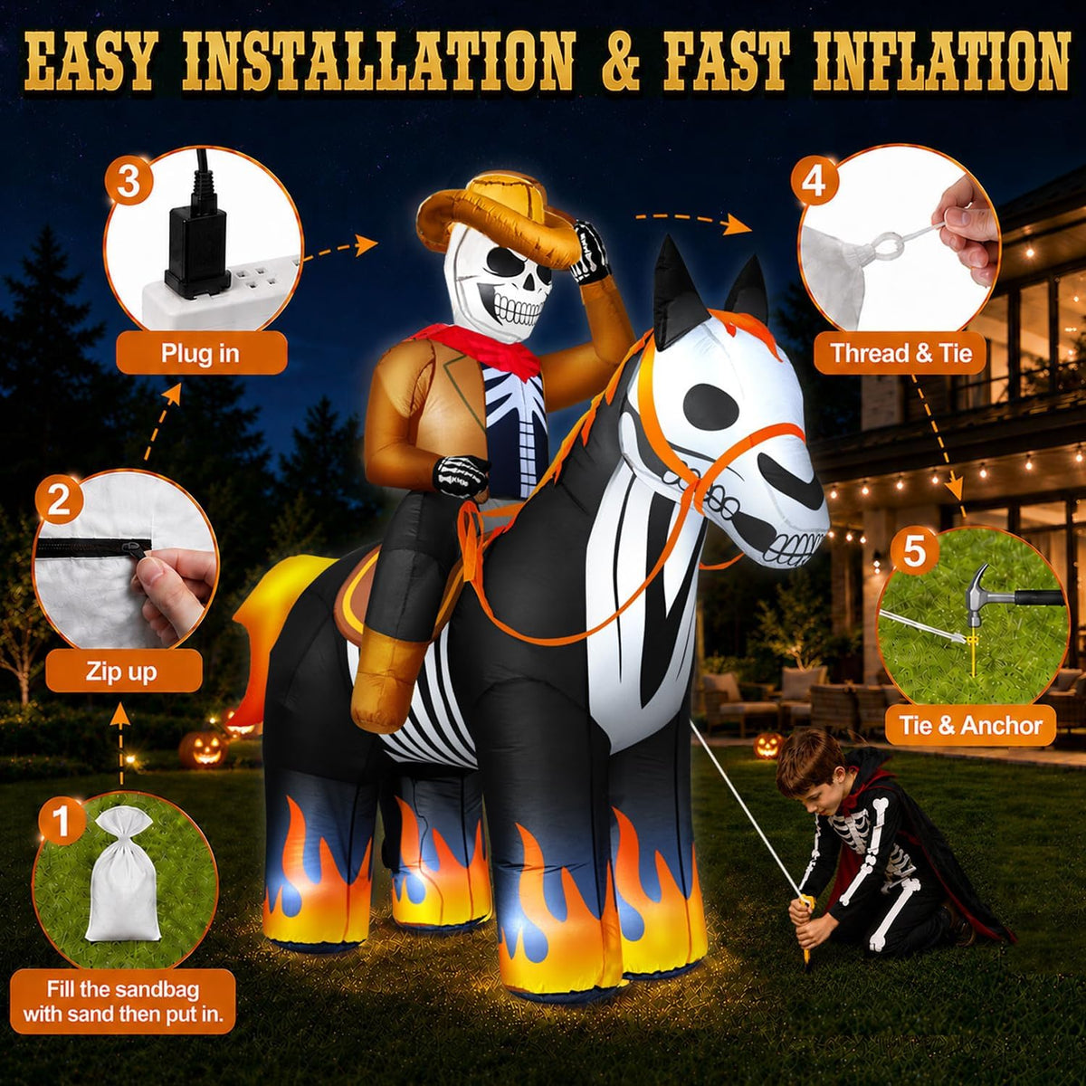 zukakii QM-WS-041 7-Foot Halloween Skeleton Cowboy & Horse Inflatable – Black – product detail