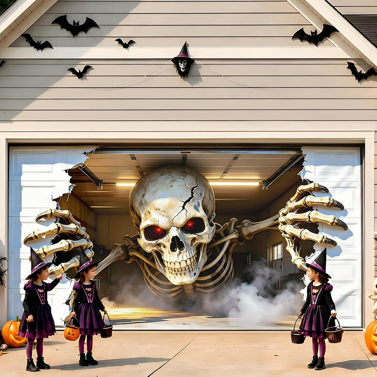 Allotall 001 16-by-7-Foot Halloween Skeleton Garage Door Banner – 16 × 7 ft – 3D Skull 1 / 16 × 7 ft – product detail