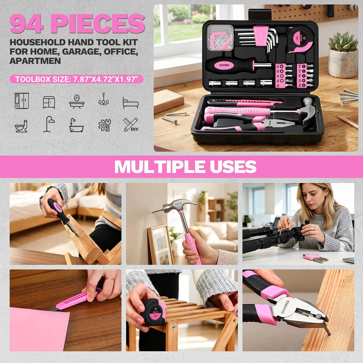 DEKOPRO 94-Piece Household Hand Tool Kit – Pink – product detail
