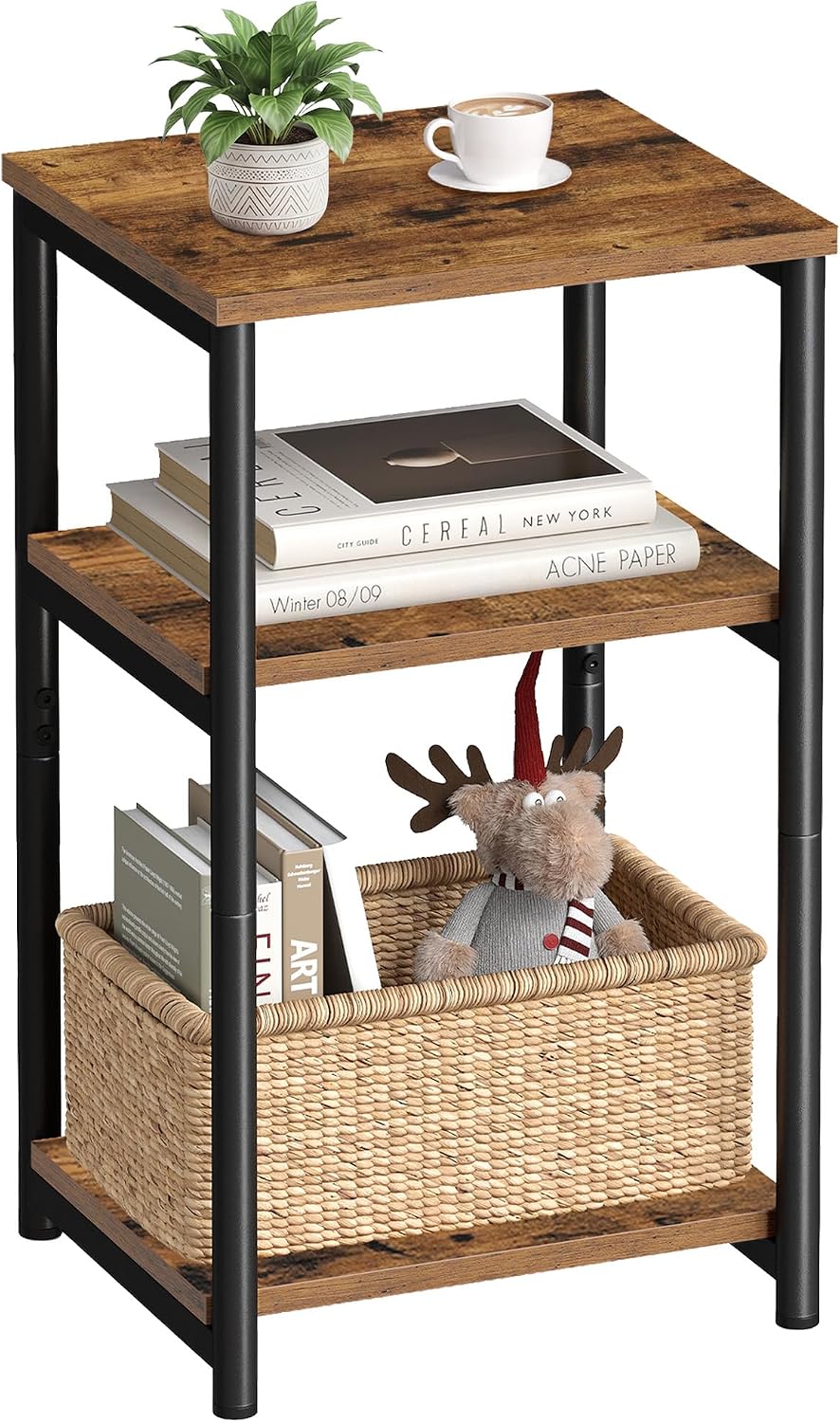 VASAGLE Three-Tier Rectangular Side Table, Rustic Brown and Ink Black