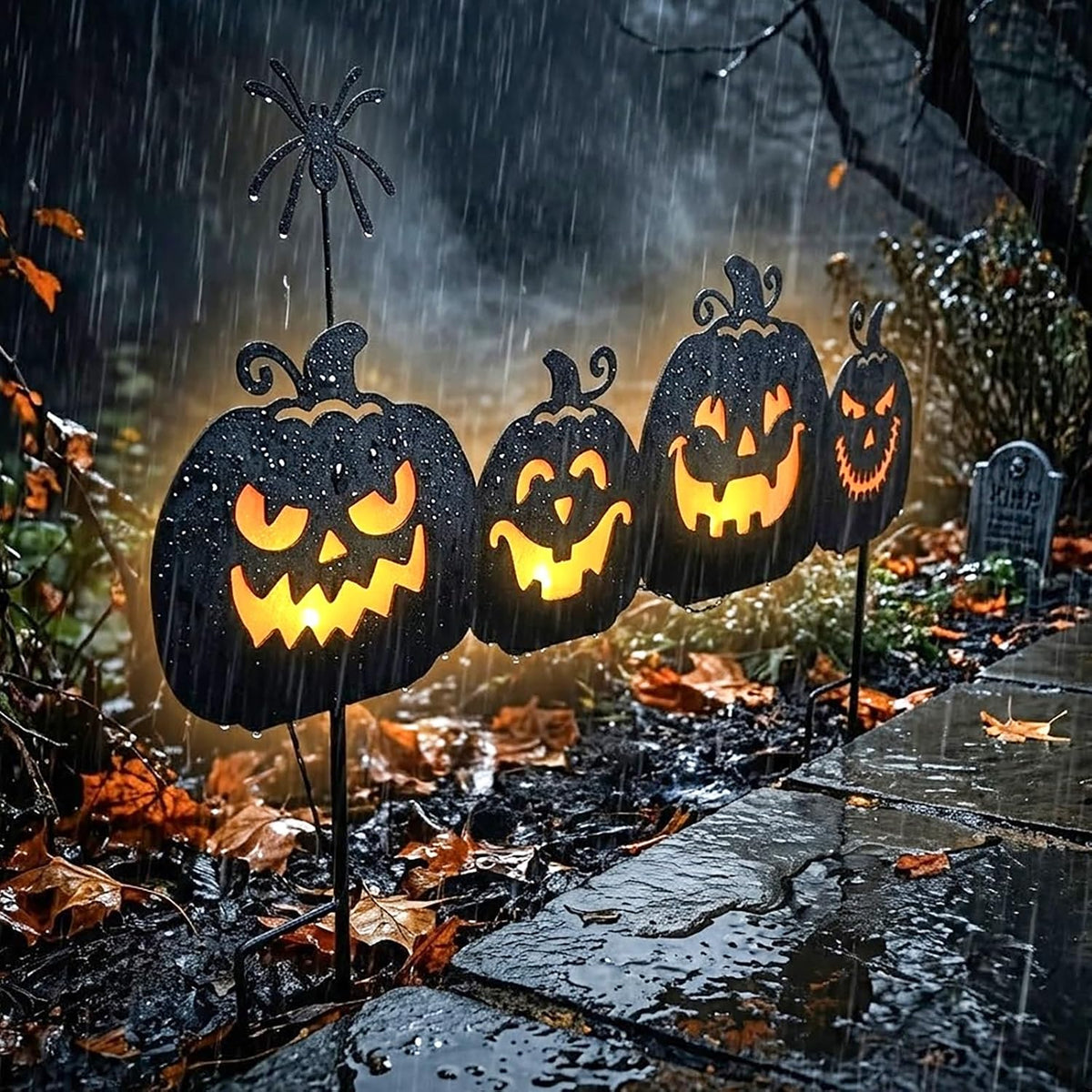 EAMBRITE 806051 4-Pack Lighted Metal Pumpkin Yard Stakes – black – product detail
