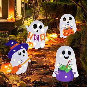 ponlodos Pon-YS-Ghost-2 4-Pack Lighted Halloween Ghost Yard Signs – White