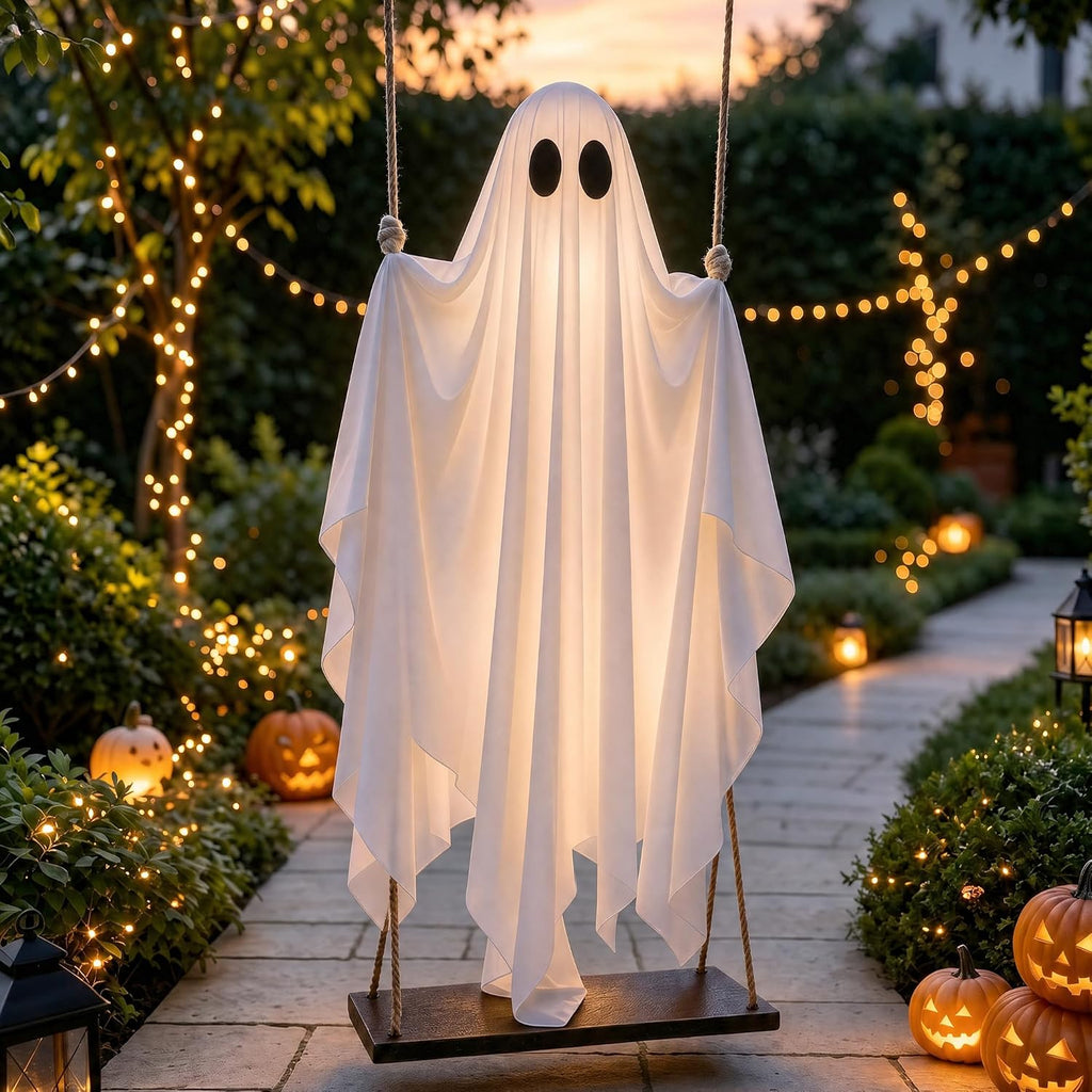 JOROMIT 01 Lighted Hanging Halloween Ghost Swing Decoration – White – product detail