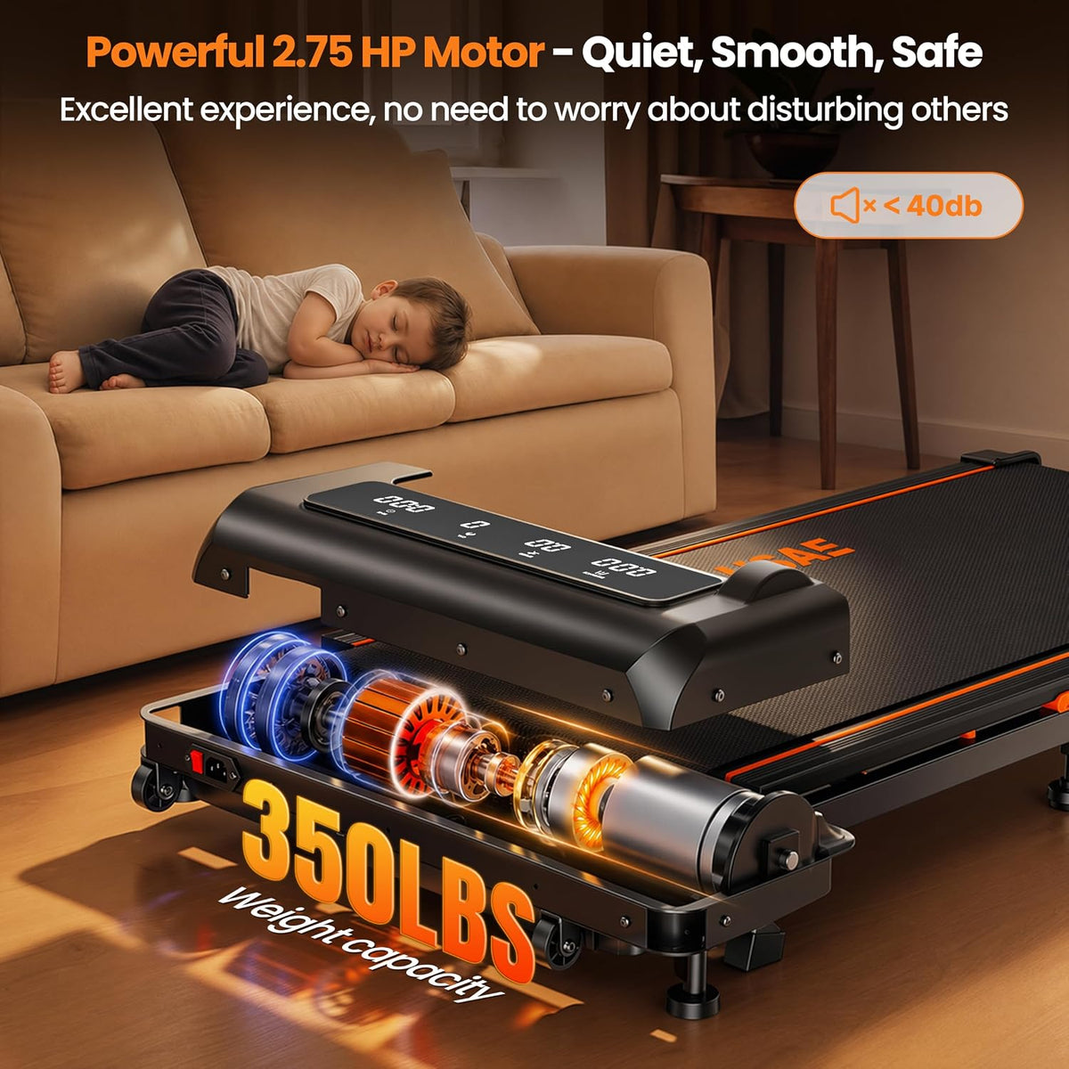 FOUSAE X Under-Desk Walking Treadmill – Black-Orange – product detail