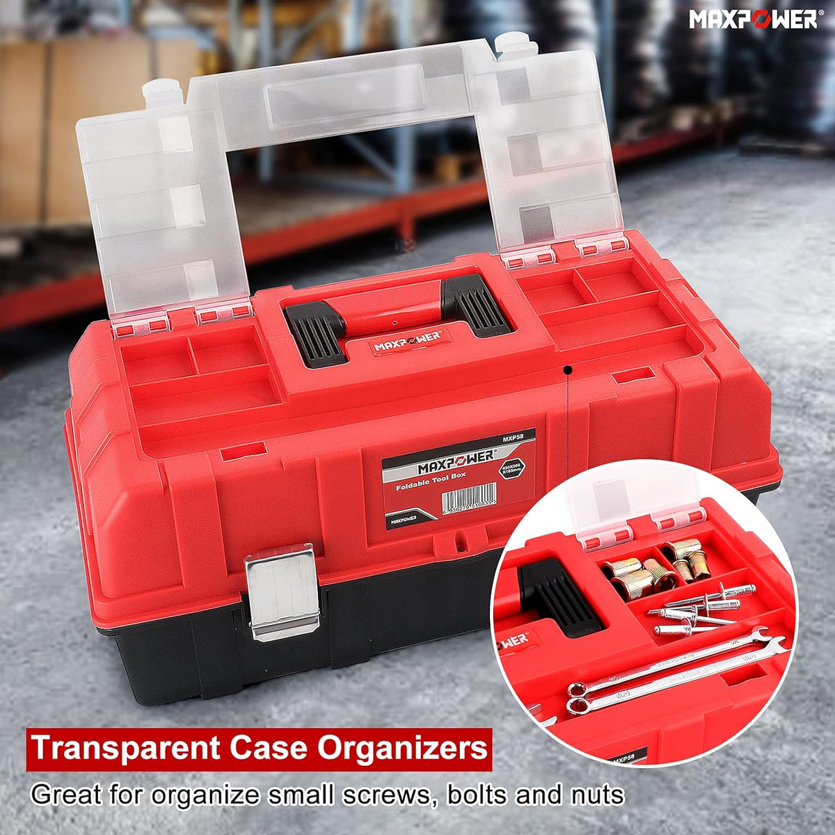 MAXPOWER MXP58 16-Inch Three-Tier Folding Tool Box – Red – product detail