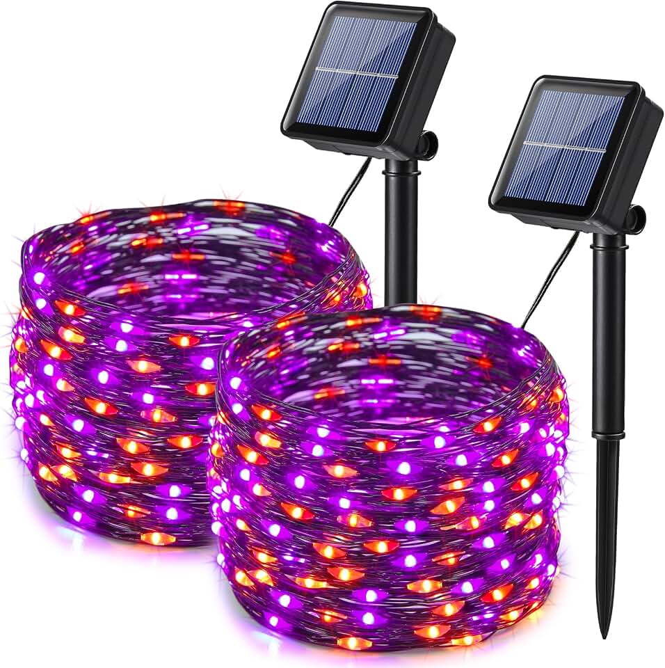 Lomotech 2-Pack 66-Foot 200-LED Solar Halloween String Lights – Orange&Purple