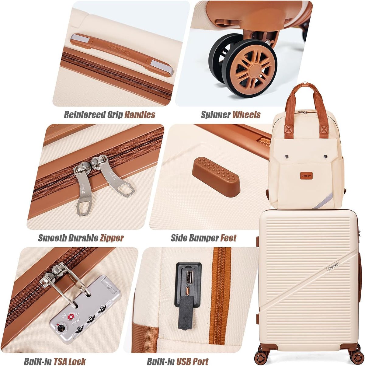 Cosbarn JL-ABS20/24/28SJB-Pink Hardside Luggage Set – 5 Piece Sets (20/24/28/BP/TB), RoseGold – RoseGold / 5 Piece Sets (20/24/28/BP/TB) – product detail