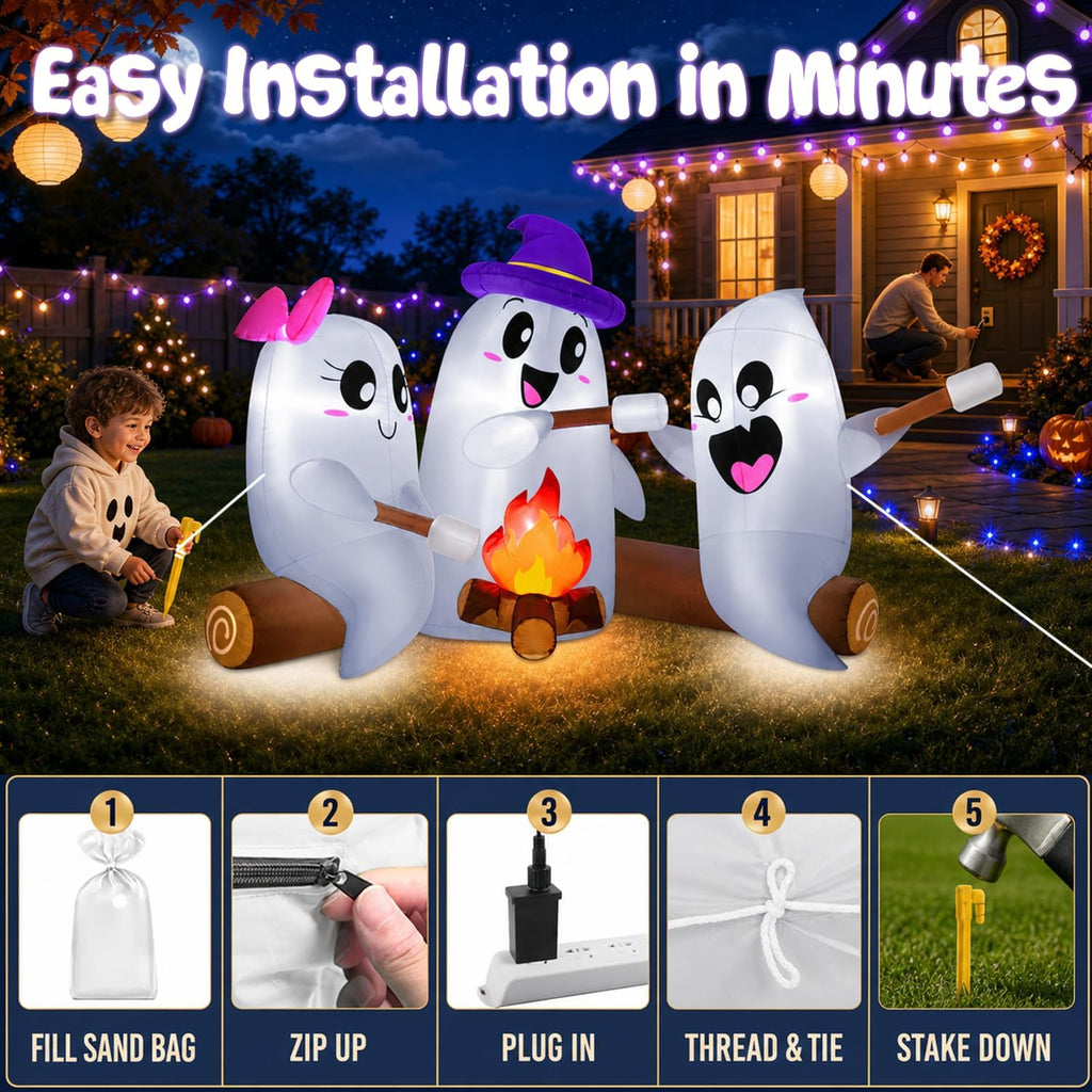 zukakii QM-WS-029 6-Foot Halloween Ghost Campfire Inflatable – White – product detail