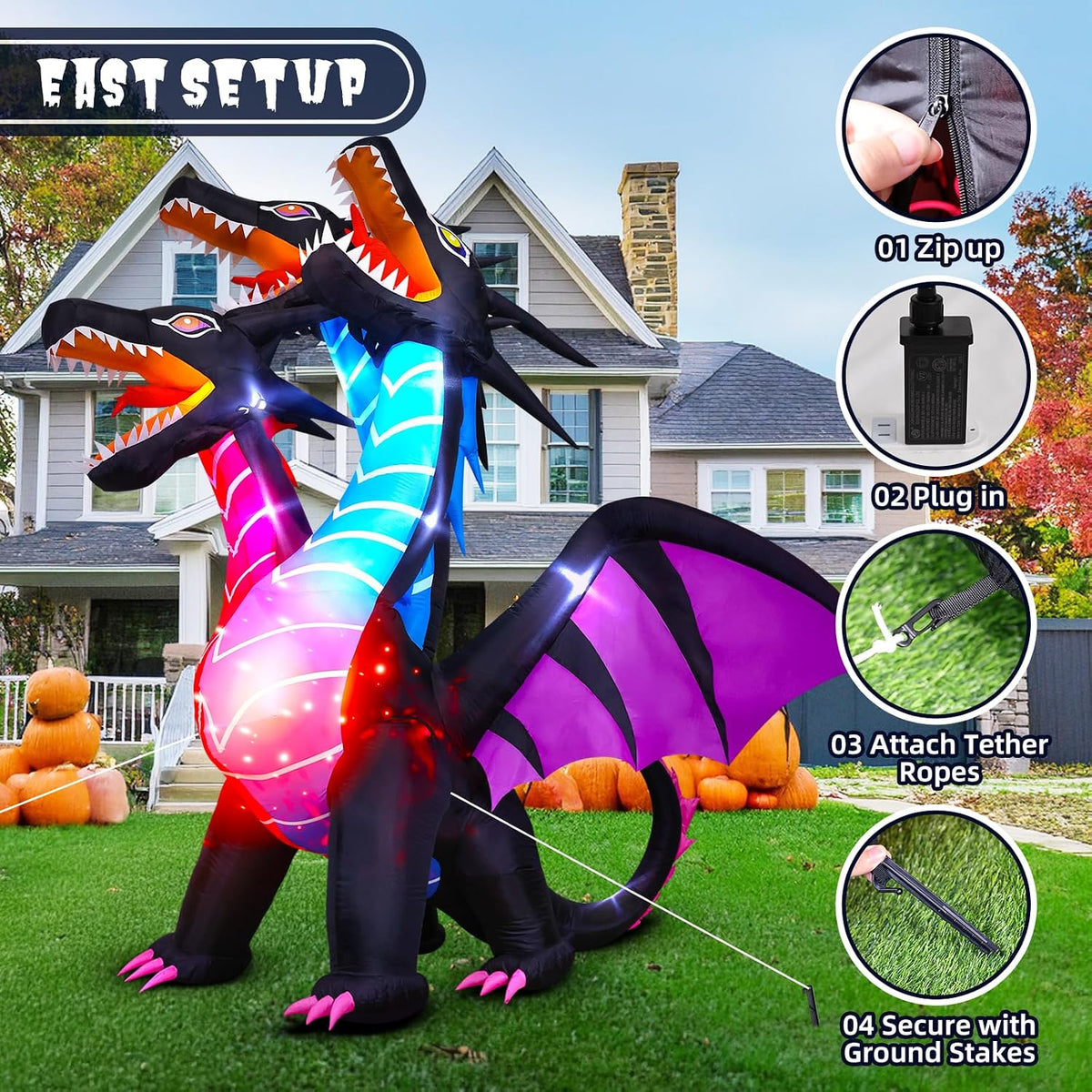 Thuodo FD241 8-Foot Halloween Three-Headed Dragon Inflatable – Black – product detail