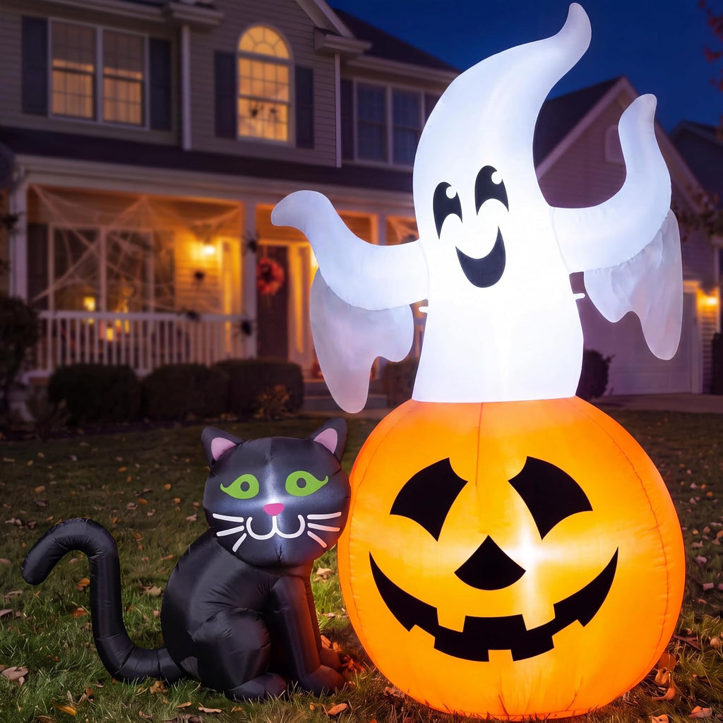Joiedomi 32733 5-Foot Halloween Ghost & Pumpkin & Black Cat Inflatable – White Orange and Black