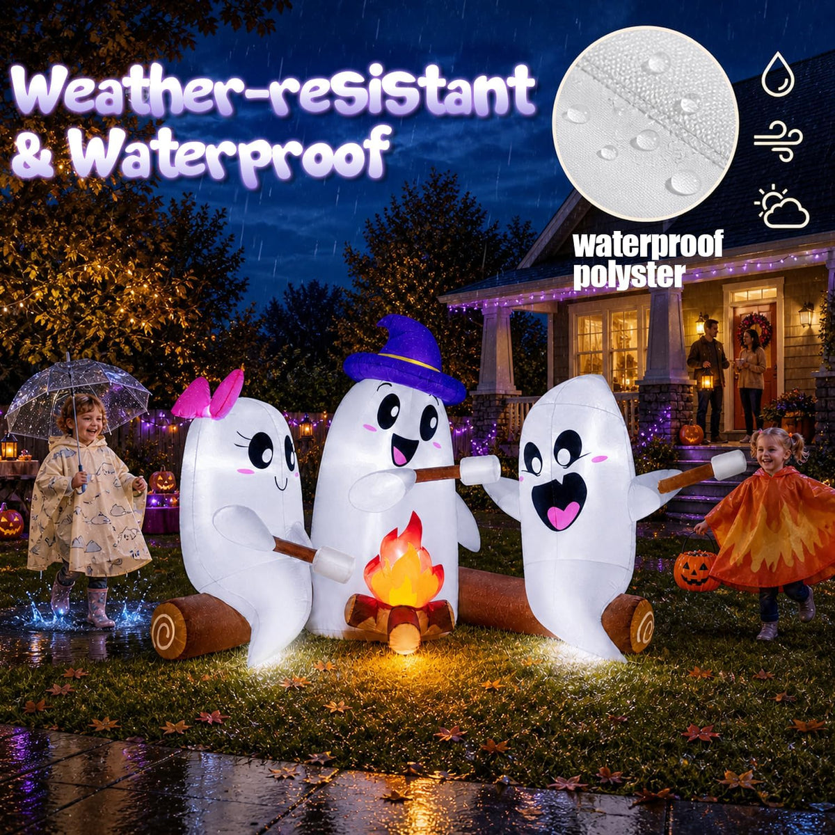 zukakii QM-WS-029 6-Foot Halloween Ghost Campfire Inflatable – White – product detail