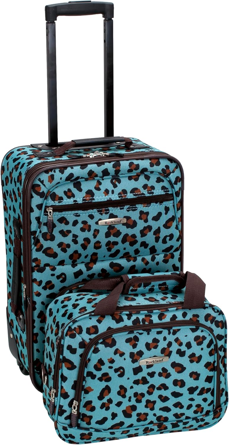 Rockland F102-BLUELEOPARD Softside Luggage Set – 2 Piece (19"/14" Tote), Blue Leopard