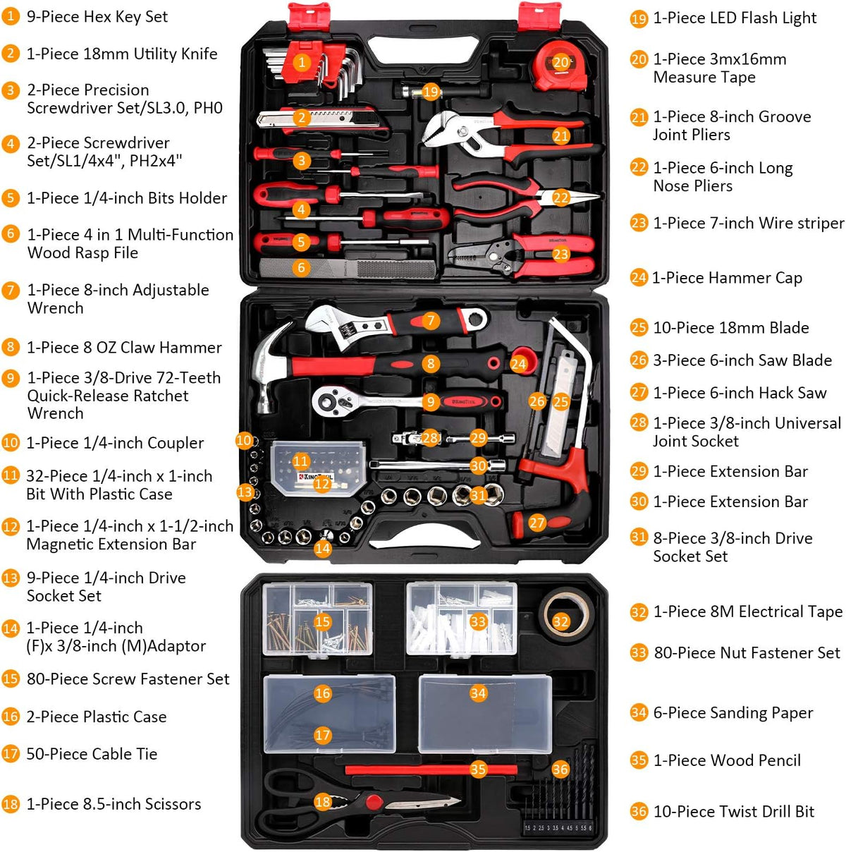 KingTool DS-HDT001 325-Piece Home Repair Tool Kit with Drawer Case – Red, Black – product detail