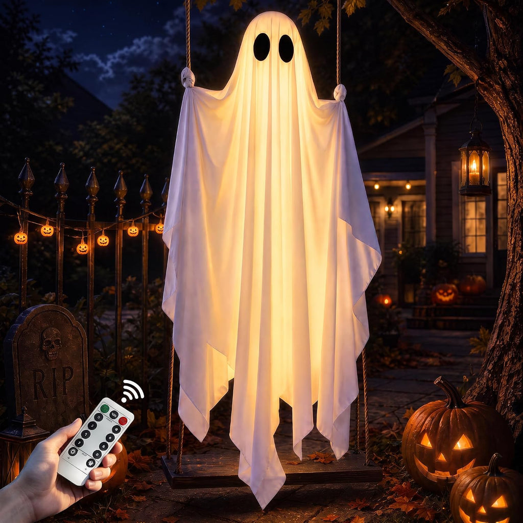 JOROMIT 01 Lighted Hanging Halloween Ghost Swing Decoration – White – product detail