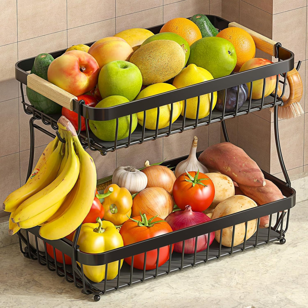 Sevenblue Two-Tier Fruit Basket with Banana Hooks, Black