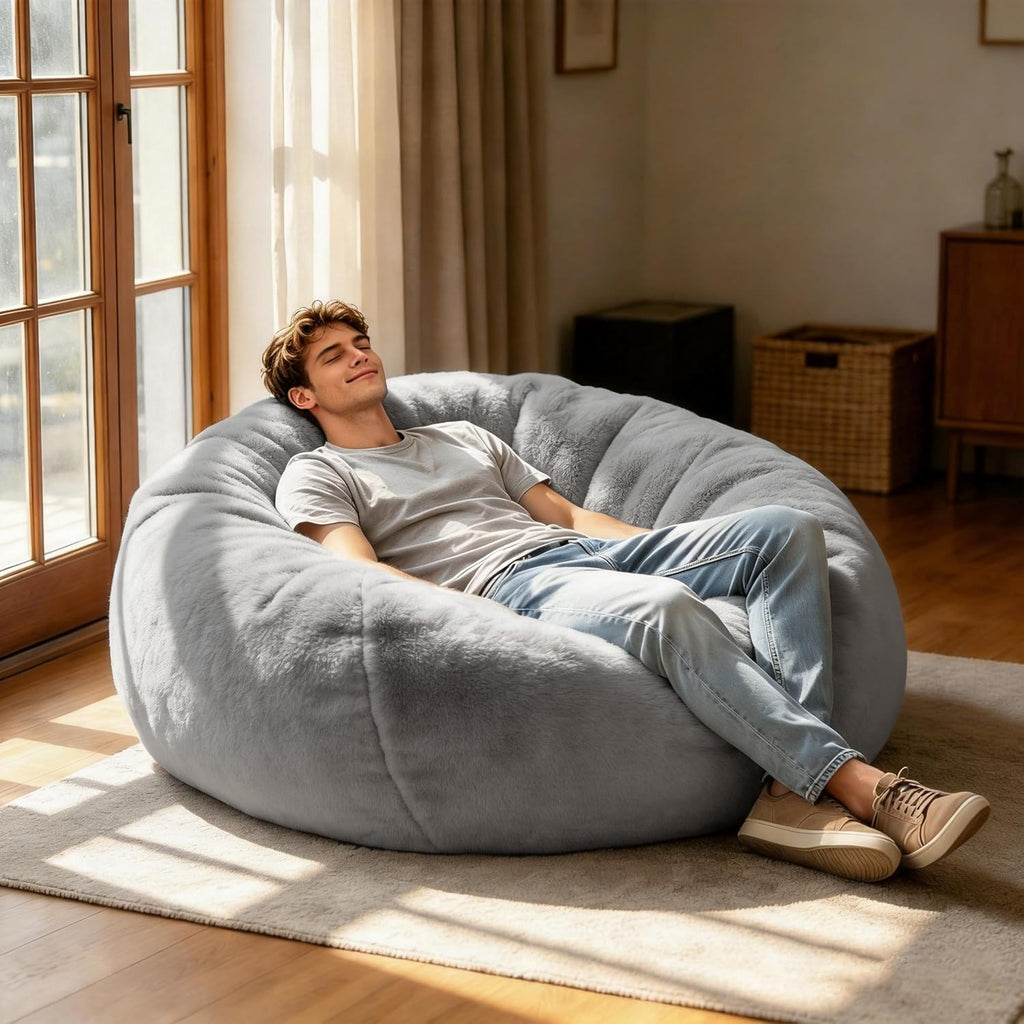 Gurxien Light Gray Adult L faux fur bean bag cover, shown filled; filling not included